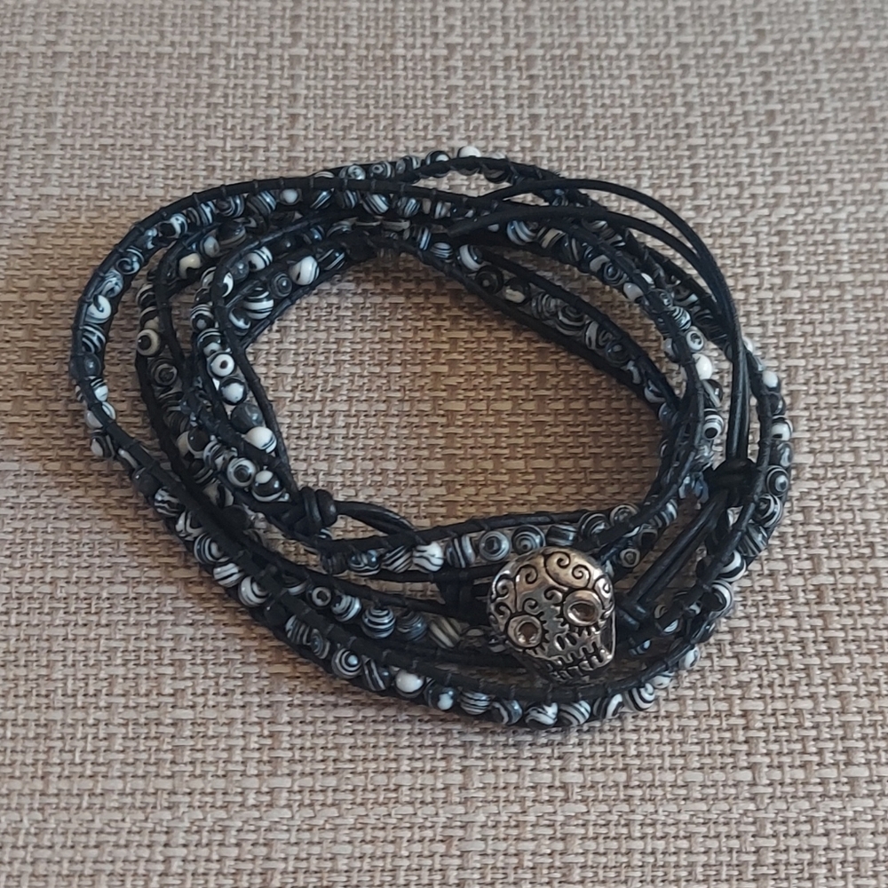 Handmade Black & White Bead and Black Leather Wrap Bracelet